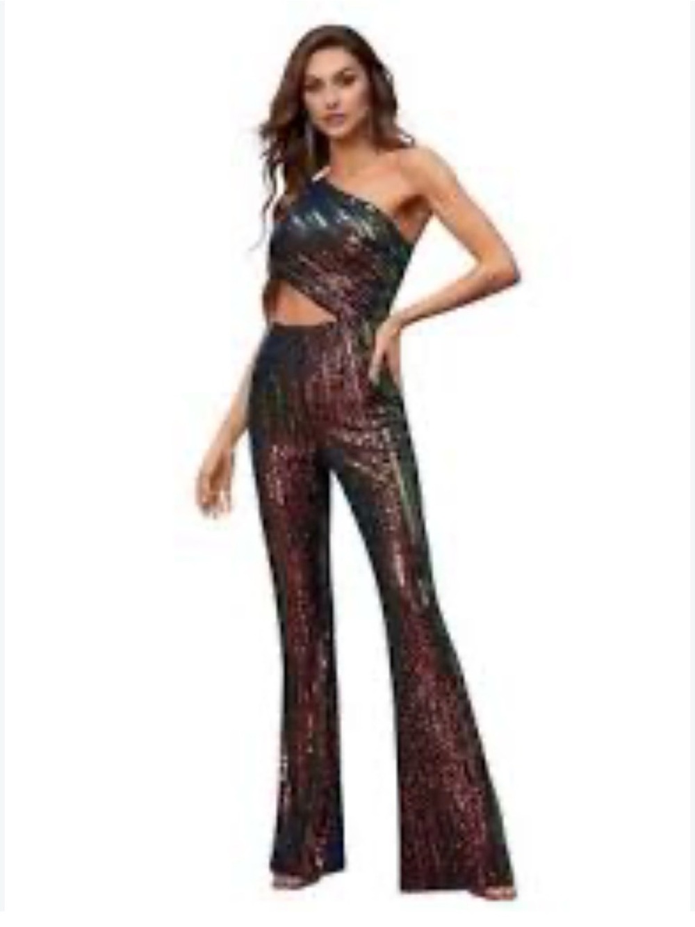 Faeriesty Multicolor Sequin One Shoulder Cutout Flare Jumpsuit M